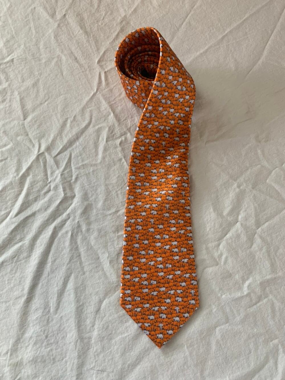 Jim Thompson 100% Silk Tie Orange Elephant Print Thailand Handmade Necktie